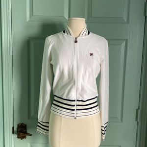 RARE Y2K FILA white terry cloth zip up with pale yellow and navy stripe details
